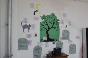 I painted the gravestones, cat, and moon. 